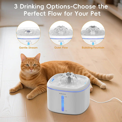 Cat beside Ultra Quiet Cat Water Fountain With 84oz Capacity, 2.5L Automatic Pet Water Dispenser With 3 Modes And LED Indicators.