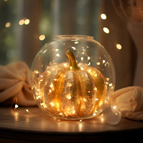 Glass pumpkin decor illuminated by 20 LED Fairy Lights On 6.5ft Silver Wire Battery Powered With Timer, Warm White Glow