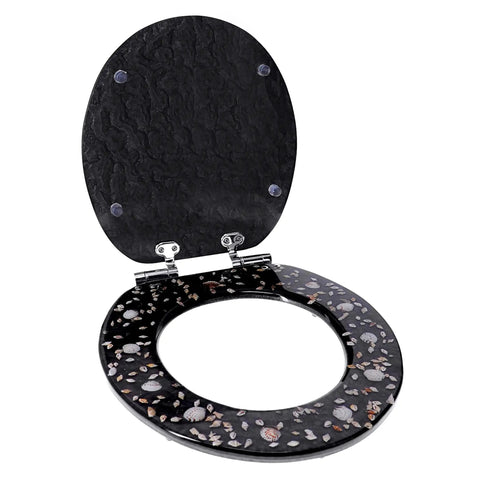 Deluxe Resin Maui Decorative Elongated Toilet Seat With Slow Close And No Slam Chrome Hinges Coastal Shells Theme Open View