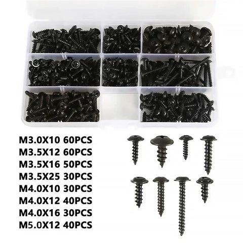 340 Piece Black Phillips Self Tapping Screws Set M3 M3.5 M4 M5 With Washer And Cross Head Pad Kit Assortment Box For DIY Projects Includes 20 Boxes Great Value For DIYers