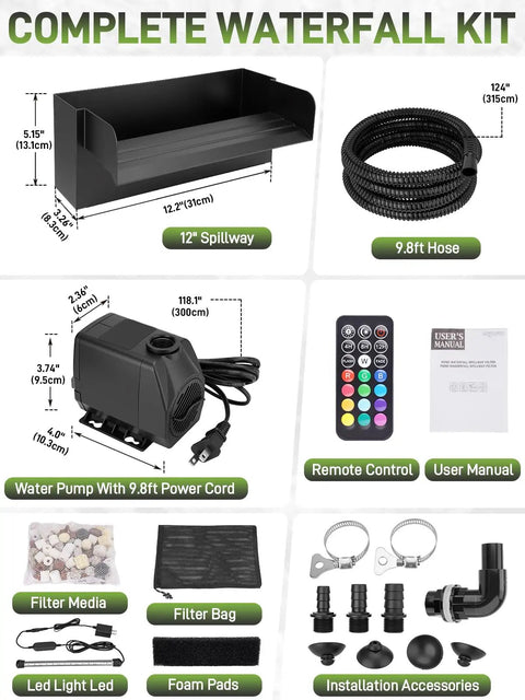 Outdoor Waterfall Kit With LED Lights And 880 GPH Pump 12 Inch 304 Stainless Spillway Filter Media Included Water Pump For Garden Backyard Pool Fountain And Water Feature components
