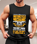 Fresh Men's Lightweight Cotton Tank Top, Sleeveless Muscle Shirt, Motorcycle Mechanic Graphic Tee on a man in gym.