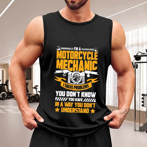 Fresh Men's Lightweight Cotton Tank Top, Sleeveless Muscle Shirt, Motorcycle Mechanic Graphic Tee on a man in gym.