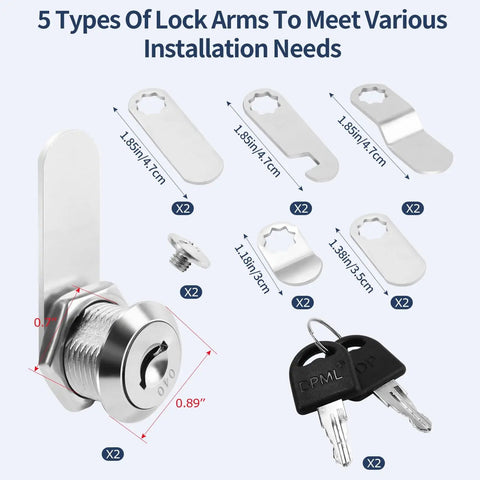 5/8 Inch Alloy Cam Locks With Keys Keyed Alike For Mailbox, Toolbox, Pickup Truck And RV Compartments Two Pack Kit showing lock options and keys.
