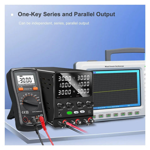 Dual Channel Adjustable Lab Power Supply 30V 10A With Independent CV and CC, shown with multimeter and oscilloscope display.