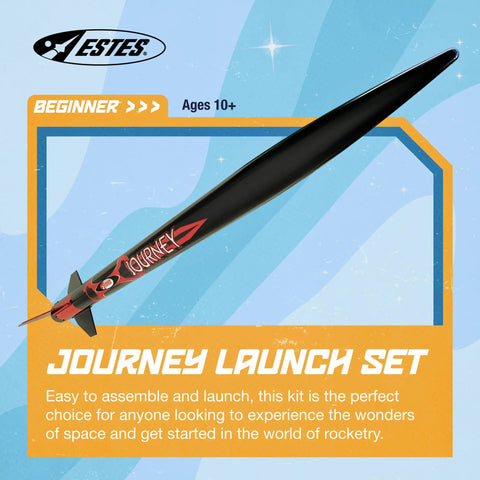 Journey Rocket Building Kit For Beginners With Launch Pad And Controller shown over blue background with logo and text