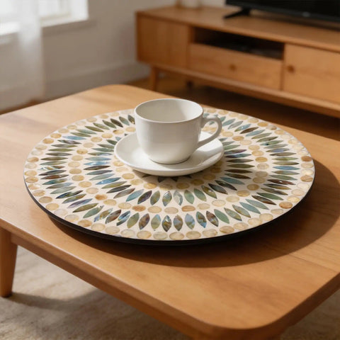 13.4 Inch Round Mother Of Pearl Lazy Susan With Dot Blue Shell Design Hella Smooth Rotating Turntable Tray with cup and saucer