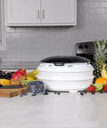Electric Food Dehydrator With Four Stackable Trays And Top Mounted Fan, surrounded by fresh fruits and veggies on a kitchen counter.