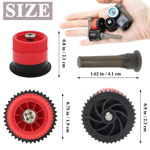 16 Pack Adjustable Variable Arc Pop Up Sprinkler Heads With Premium Replacement Nozzles For No Sweat Lawn Care And Yard Maintenance featuring size details and color variations.