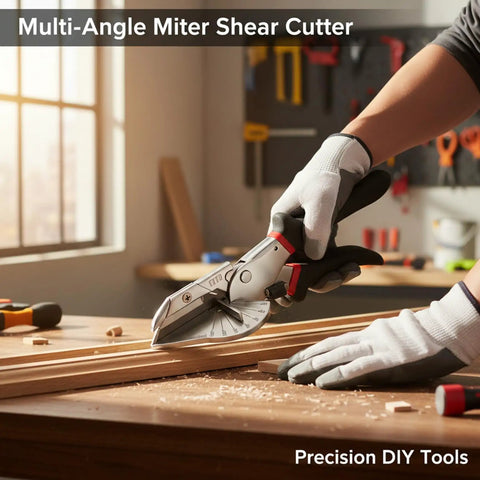 Versatile Miter Shear Cutter With Ten Blades Pro Grade Adjustable 45 To 135 Degree Angles Durable Steel Tool cutting wood trim on workbench