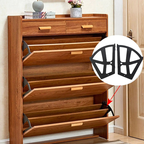 Double Layer Shoe Cabinet Hinges Kit With Four ABS Hinge Units And Twenty Installation Accessories; shown in wooden shoe rack setup.