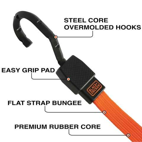 36 Inch Flat Bungee Straps 2 Pack with Coated Steel Hooks and Easy Grip Pad, labeled parts showing black and orange strap.