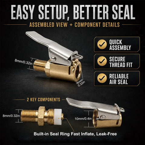 Locking Air Chucks For Tires With Quick Connect And 8mm Clip-On Adapter assembly details