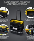Beefy Heavy Duty Rolling Tool Bag With Wheels, waterproof storage tote, bright yellow interior, reinforced metal frame details.