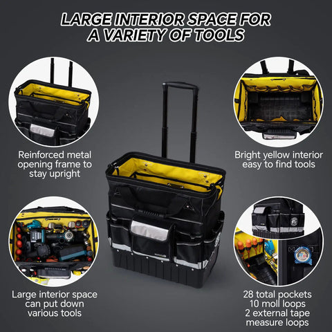 Beefy Heavy Duty Rolling Tool Bag With Wheels, waterproof storage tote, bright yellow interior, reinforced metal frame details.