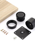 Components of Four 2 Inch Stainless Steel Furniture Legs Set with mounting screws and riser parts on a wooden surface.