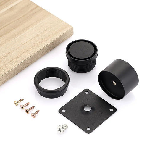 Components of Four 2 Inch Stainless Steel Furniture Legs Set with mounting screws and riser parts on a wooden surface.