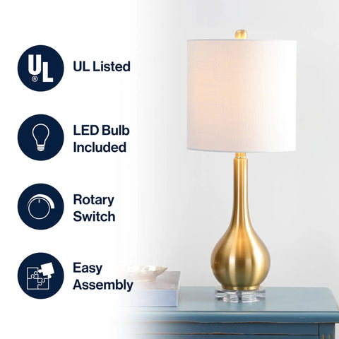 Brass Gold Crystal Teardrop Table Lamp With White Linen Drum Shade, 25 Inches Tall, LED Bulb Included, The Go To Choice For Bedroom Or Living Room Nightstand Or End Table, Modern Glam Lighting