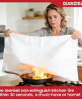 Woman in kitchen using 4 Pack 40 By 40 Fire Blanket For Kitchen And Home Must-Have Emergency Gear Fiberglass Suppression Blanket For Grease Fires CE Certified Ideal For Kitchens Fireplaces Garages And Vehicles over a stove fire.