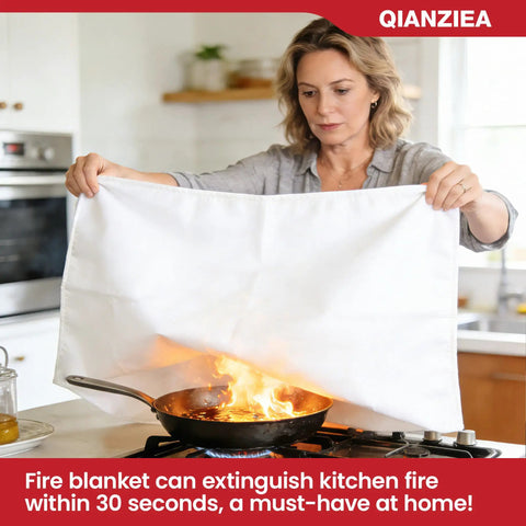 Woman in kitchen using 4 Pack 40 By 40 Fire Blanket For Kitchen And Home Must-Have Emergency Gear Fiberglass Suppression Blanket For Grease Fires CE Certified Ideal For Kitchens Fireplaces Garages And Vehicles over a stove fire.