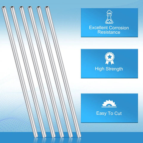 Six aluminum tubes standing upright featuring excellent corrosion resistance, high strength, easy to cut; 12 Pack Round Aluminum Tubes 36 Inches Long Seamless Aluminum Tubing Metal Straight Pipe For Industrial DIY Projects Home Craft Model 0.24 Inch Outer Diameter.