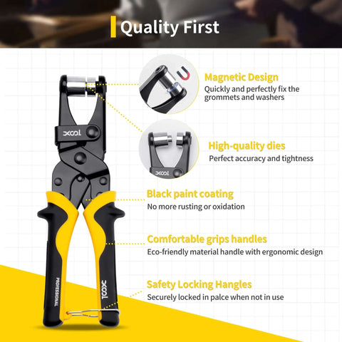 Pro Grade Grommet Tool Kit With Magnetic Alignment, 200 Pcs 3/8 Inch 10mm Grommets, ergonomic yellow and black handles, quality features