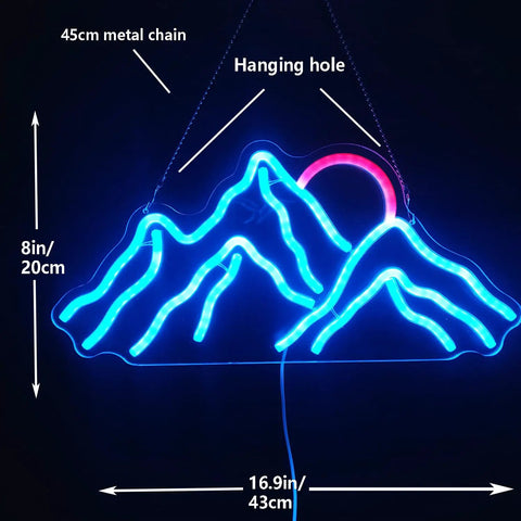Blue mountain neon sign with pink sun, dimmable LED wall decor, 43x20 cm, 45 cm metal chain for hanging, USB powered.