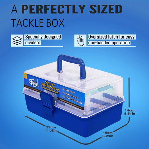 All In One 448 Piece Fishing Lures Kit With Large Three Layer Tackle Box Set Including Hooks Weights Bobbers Pliers Rigs Leaders And Accessories Ideal Gift For Men And Kids Who Love Fishing Ready To Fish shown closed