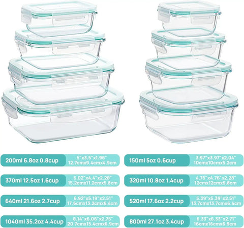 8 Pack Glass Food Storage Containers With Airtight Lids For Meal Prep And Leftovers Great For On The Go Lunches Oven Microwave Freezer And Dishwasher Safe BPA Free, various sizes stacked