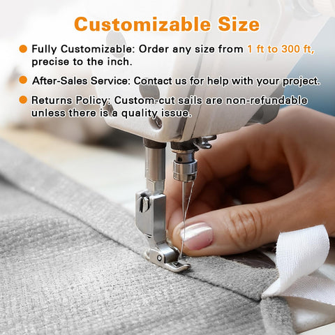 Close-up of sewing machine stitching 17x31 Foot Light Gray Sun Shade Sail Rectangle Outdoor Canopy with 95 Percent UV Block.