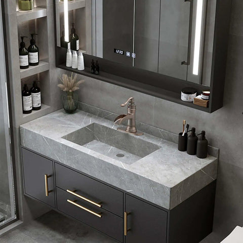 Copper Waterfall Bathroom Faucet With Antique Brass Finish for vintage style bathrooms on marble sink, single hole