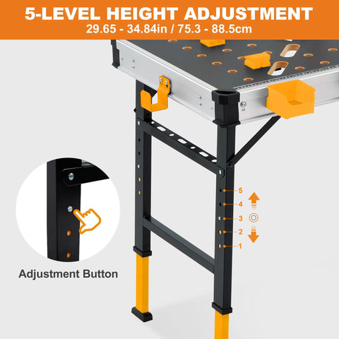 Beefed Up Folding Work Table With A Rock Solid One Thousand Pound Load Rating And Five Step Height Tweaks showcasing 5-level adjustment feature.