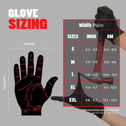 Glove sizing chart with measurements for Super Strong Black Nitrile Gloves 1000 Count Large Disposable sizes S to XXL.