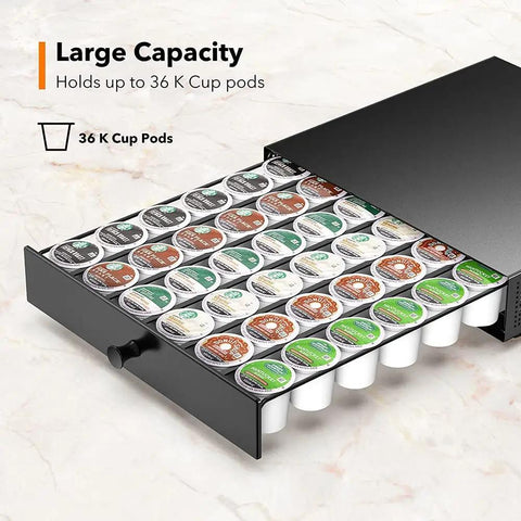 K Cup Sliding Tray Organizer With Pull Out Pod Drawer For Keurig Coffee Maker No Hassle Rolling, holds 36 pods, black