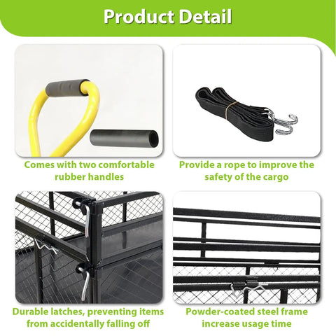 2-In-1 ATV UTV Trailer Cart With Removable Sides handles, rope, latches, and steel frame details for durability