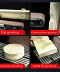 Knocks Rough Stock Flat Heavy Duty Electric Handheld Planer And Multifunctional Belt Sander With Rock Solid Cast Iron Base For Sweat Free Zero To Forty Five Degree Angle Tilts displaying flat, curved, circular grinding features.
