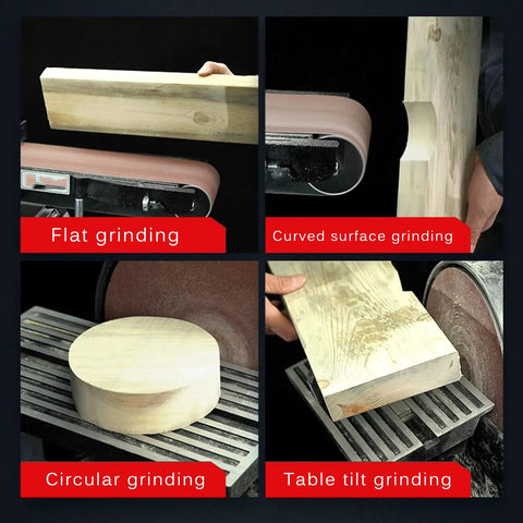 Knocks Rough Stock Flat Heavy Duty Electric Handheld Planer And Multifunctional Belt Sander With Rock Solid Cast Iron Base For Sweat Free Zero To Forty Five Degree Angle Tilts displaying flat, curved, circular grinding features.