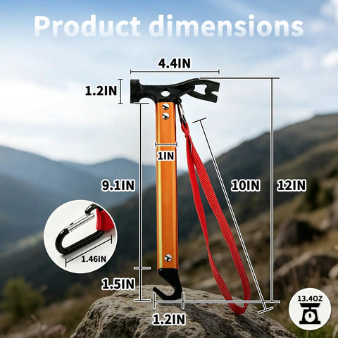Ultra Lightweight 12 Inch Camping Hammer Multitool with dimensions shown against mountain background