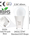 Diagram showing GU24 LED A19 Light Bulbs 9W 60W To 75W Replacement with dimensions and GU24 twist-lock base.