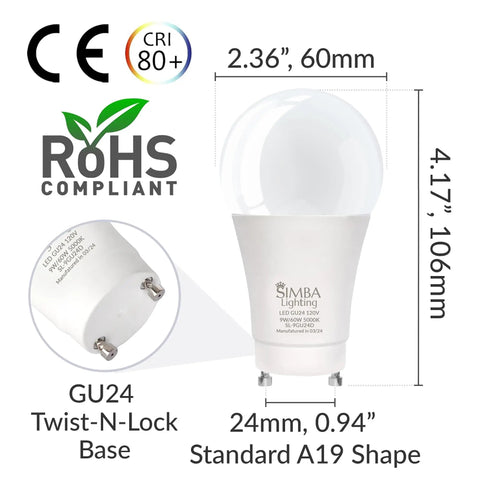 Diagram showing GU24 LED A19 Light Bulbs 9W 60W To 75W Replacement with dimensions and GU24 twist-lock base.