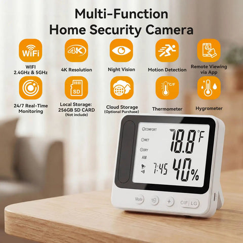 4K White Hidden Camera Thermometer Hygrometer WiFi Spy Nanny Cam For Real Time Temperature Humidity Monitoring With Stable Connection Dual Storage And Multi User Access, tabletop view