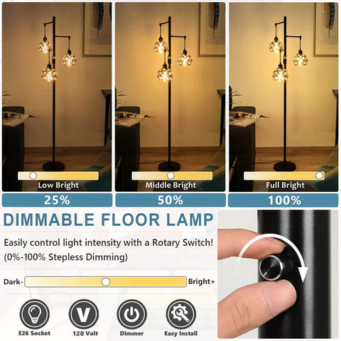 Dimmable Crystal Floor Lamp With Industrial Farmhouse Style, 3 Light Black Standing Lamp For Living Room And Bedroom, rotary switch close-up