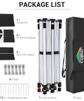 Package list for 10x20 Pop Up Canopy Tent With Sidewalls showing frame, sidewalls, ropes, and carry bag.