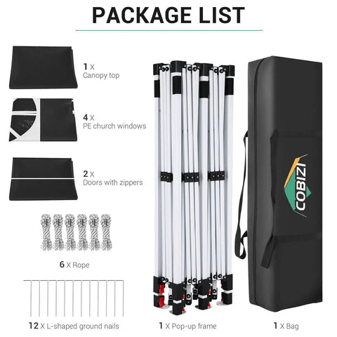 Package list for 10x20 Pop Up Canopy Tent With Sidewalls showing frame, sidewalls, ropes, and carry bag.