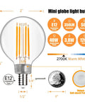 Diagram of Dope LED Globe Bulbs G16.5 With E12 Base, 2700K Warm White, 95 CRI, showing dimensions and features, 6 pack.