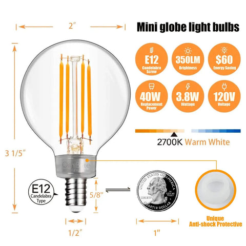 G16.5 LED Globe Bulb E12 Candelabra 40W Equivalent, 2700K Warm White, 350 Lumens, AC120V 3.8W, Dimmable And Flicker-Free, diagram