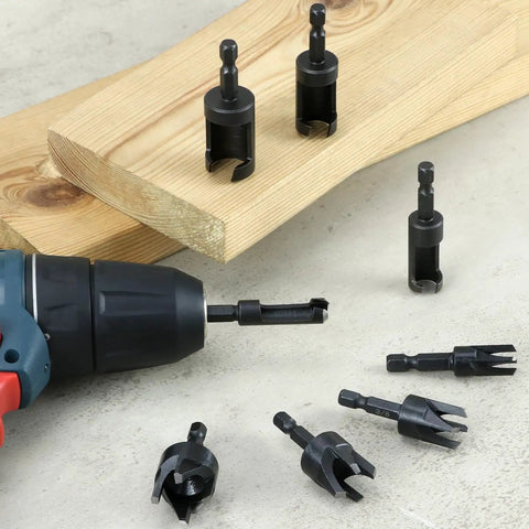 Eight Piece Wood Plug Cutter Drill Bit Set With One Quarter, Five Sixteenths, Three Eighths And One Half Inch Sizes And One Quarter Inch Hex Shank For Clean, Professional Plug Fittings In Woodworking shown with wood and drill.