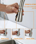 Slick Brush Nickel Single Handle Pull Down Kitchen Faucet With Knockout Three Mode Spray Settings And Complete Zero Hassle Setup For Fast Weekend Renovations showing spray, stream, and pause modes.