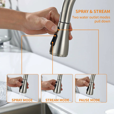 Slick Brush Nickel Single Handle Pull Down Kitchen Faucet With Knockout Three Mode Spray Settings And Complete Zero Hassle Setup For Fast Weekend Renovations showing spray, stream, and pause modes.