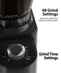 Aromaster Electric Burr Coffee Grinder With 48 Precision Settings And Adjustable Timer showing grind settings and timer control details.